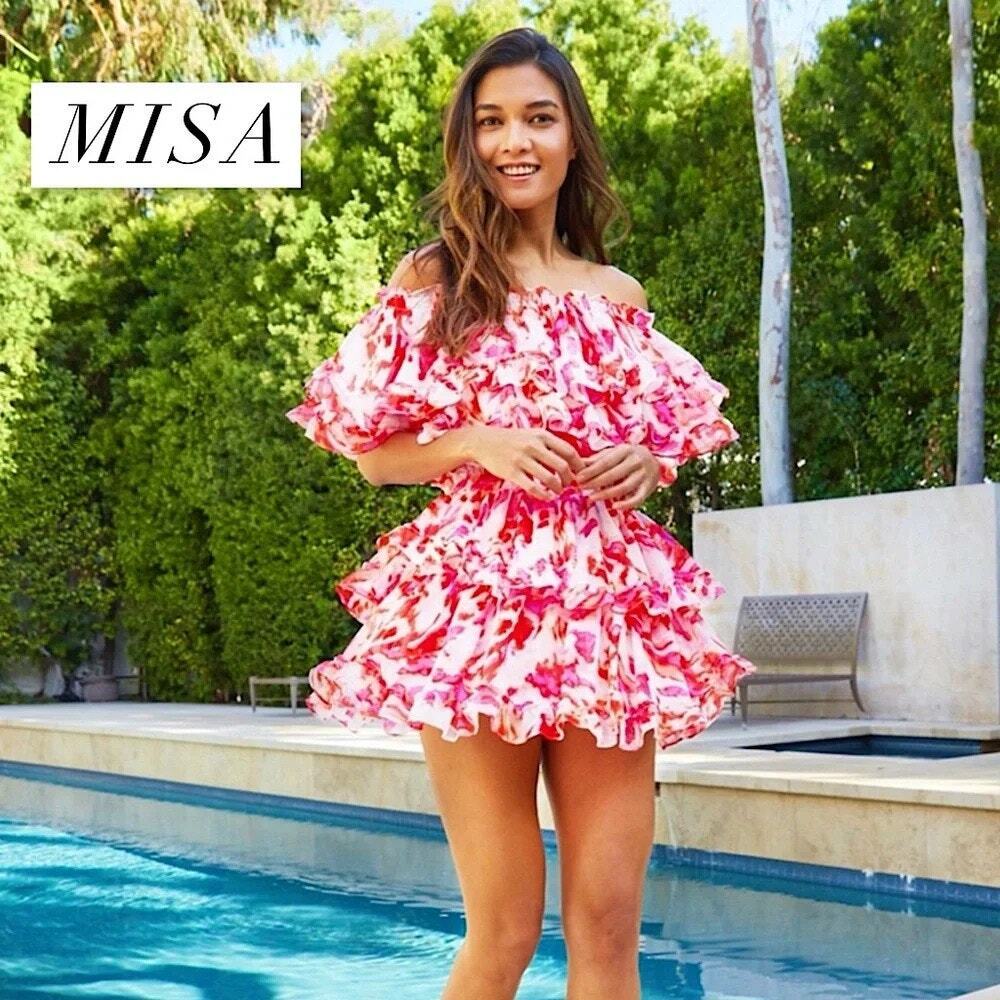 MISA Los Angeles Isella Floral Georgette Off Shoulder Mini Dress Ruffled Boho XS
